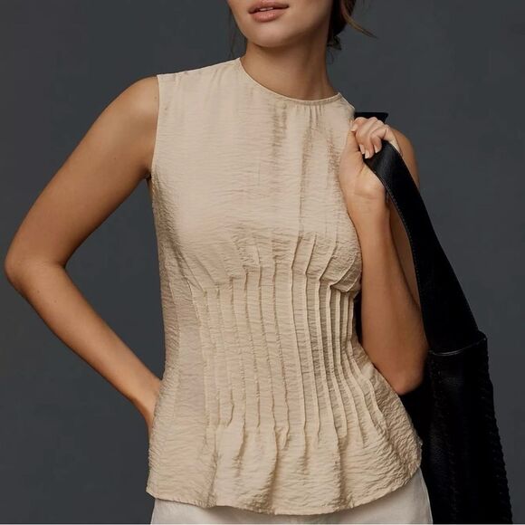 NWT Anthropologie Della Pleated-Waist Shell Top Beige womens size xl oversized - Picture 2 of 8